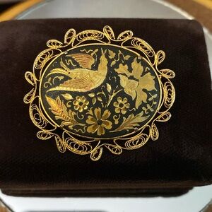 Vintage Damascene Gold and Black Bird and Floral Brooch Filigree